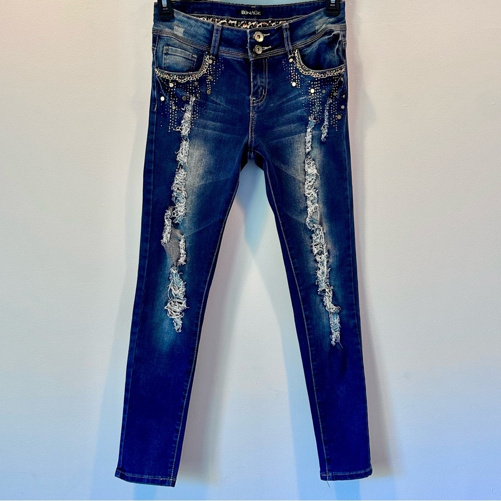 Bonage Jeans Blue Wash Leopard Embellished Distressed Skinny Jeans, Size 9